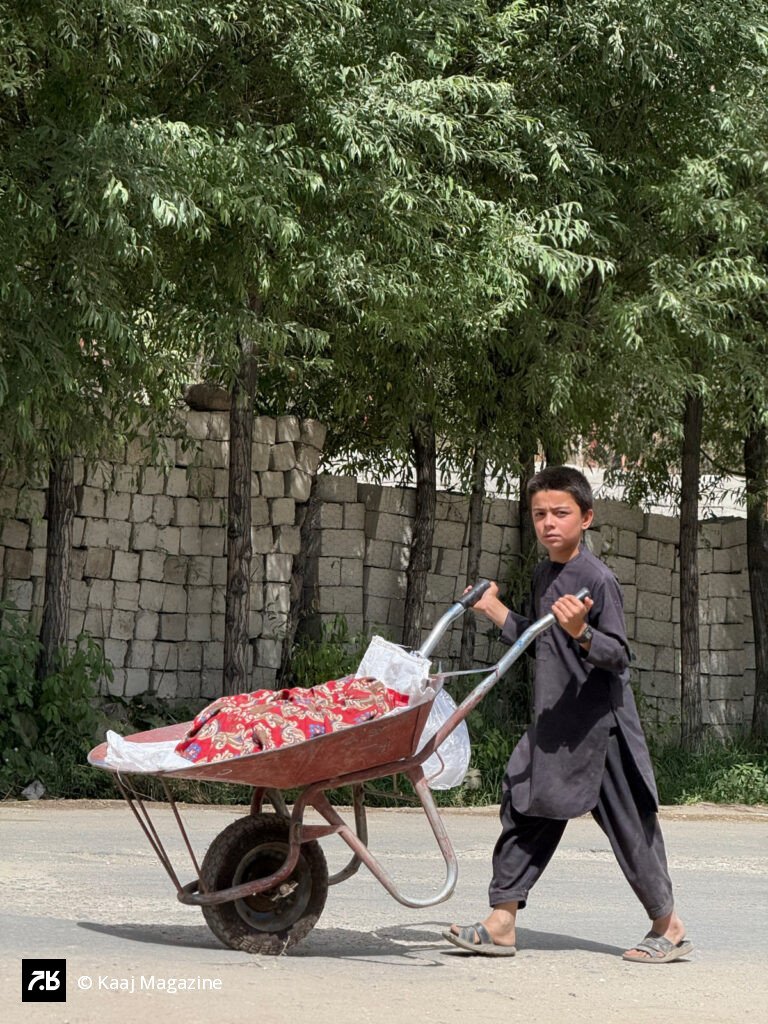 Young boy pushing a loaded wheelbarrow